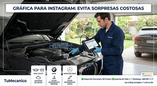 Infografía de TuMecanico.cl que detalla fallas críticas para inspección precompra: soportes de motor Mini/Volvo, fugas refrigerante BMW B38/B48 y líneas de refrigerante Mercedes. Servicio técnico a domicilio en Santiago.